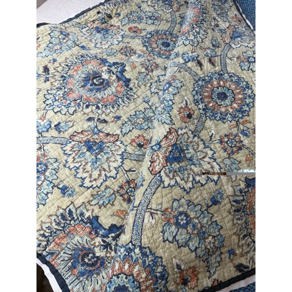 Waverly King Quilt Blue Floral Medallion Reversible Cotton Cottage Farmhouse